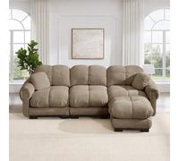 Divano Cloud a 3 posti a forma di L, con pouf mobile e 2 piccoli cuscini decorativi, design trapuntato fine, cuscino spesso, morbido e di supporto, facile da montare, adatto per il soggiorno, marrone