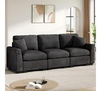 Divano contemporaneo a tre posti in velluto con tavolino reversibile dotato di porte USB, portabicchieri e vani portaoggetti. Un divano versatile adatto per uffici, appartamenti e home cinema. (Gray)