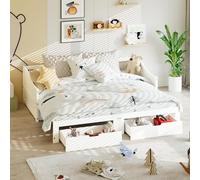 Divano convertibile 90/180 x 200 cm in legno massello, letto 90 x 200 con rete con 2 cassetti e braccioli Incurvi, letto estraibile per bambini divano letti 2 posti, senza materasso, bianco e 90/180 x