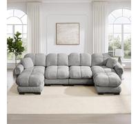 Divano da soggiorno a 4 posti, a forma di U, in ciniglia, modulare, con 2 pouf mobili, design trapuntato fine, morbido e di supporto, schienale ergonomico, facile da montare, grigio chiaro