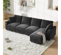 Divano in ciniglia, angolo a forma di L e due braccioli con spazio di archiviazione.Tavolino pieghevole con due portabevande 1 USB e 1 tipo C. La parte a forma di L può essere posizionata a sinistra o