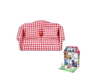 Divano in Miniatura - Legno 5,31 Pollici | 1:12 Divano Casa Con Cuscini | Mini Mobili Per La Casa | Sedia Rossa A Quadri | Accessorio Da Soggiorno per La Decorazione Di Maggio