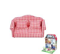 Divano in miniatura - Legno 5,31 Pollici | 1:12 Divano per Casa delle Bambole con Cuscini | Mini Mobili per Casa delle Bambole | Poltrona rossa a scacchi | Accessorio per soggiorno Decorazione