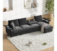 Divano in tessuto chenille NNJN, angolo a L e due braccioli con spazio portaoggetti. Tavolo da salotto estensibile con due portabicchieri, 1 USB tipo C. La parte ad L può essere posizionata a sinistra