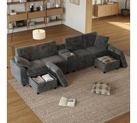 Divano in Velluto a Coste a U con Due Poggiapiedi Contenitori, Tavolino da caffè, Due Portabicchieri, Porta USB eType-C, 2 Prese di corrente, Divano del Soggiorno Sofa 315x135x81cm, Velluto a coste