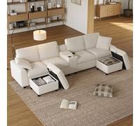 Divano in Velluto a Coste a U con Poggiapiedi Contenitori, Tavolino da caffè, Due Portabicchieri, Porta USB eType-C, 2 Prese di corrente, Divano del Soggiorno Sofa 315x135x81cm,Velluto a coste,Beige