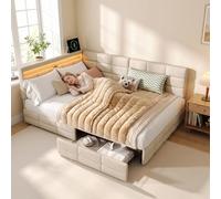 Divano letto 140 x 190 con LED, letto matrimoniale con 2 cassetti, testiera con stoccaggio, letti per panca a 2 posti, multifunzione con rete a doghe per soggiorno, camera, lino beige, senza materasso