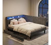 Divano letto 140 x 200 con LED,Letto matrimoniale con 2 cassetti, testiera con ripostiglio, letti per panca a 2 posti, multifunzione con rete a doghe per soggiorno, camera, velluto grigio, senza