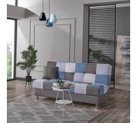 Divano letto 190 cm a 3 posti patchwork blu con contenitore - PRIMUR