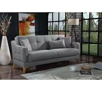 DMORA - Divano letto 3 posti Juan, Divano contenitore lineare con 3 cuscini, Sofà da soggiorno in tessuto apertura click-clack, 207x82xh92 cm, Grigio