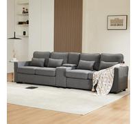 Divano letto a 4 persone, grande divano, moderno 4 posti, in tessuto di lino, divano a quattro posti con tasche per braccioli e 4 cuscini, divano in stile semplice, adatto per soggiorno (grigio scuro)