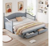 Divano letto allungabile in legno massello culla con colonne romane con schienale curvo e braccioli, con cassetti e rete a doghe, 90/180x200 cm (grigio)
