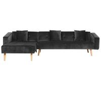 Divano Letto Angolare Destro in Velluto Nero e Gambe in Legno Chiaro