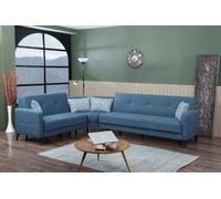 DMORA - Divano letto con penisola Pedro, Divano letto contenitore reversibile con 4 cuscini, Sofà in tessuto con apertura click-clack, 302x234h88 cm, Blu