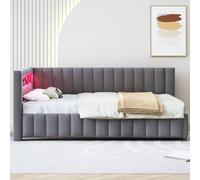 Divano letto imbottito 140 x 200 cm, in tessuto di velluto imbottito con luce e porta di ricarica USB, con schienale, testiera e telaio robusto del letto, grigio