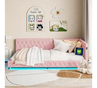 Divano letto imbottito 140 x 200 cm, LED e USB, a L con rete a doghe, per bambini e adulti, in velluto, senza materasso (rosa-TT02)letto