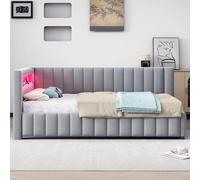 Divano letto imbottito 140 x 200 cm, tessuto di velluto imbottito con luce a LED e porta di ricarica USB, con schienale, testiera e telaio robusto del letto, grigio