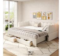 Divano letto imbottito, 90 x 200 cm, con funzione estraibile e cassetti | Letto singolo con vano portaoggetti, porta USB e design flessibile per la cameretta dei bambini, la camera degli ospiti e la