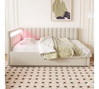 Divano letto imbottito 90 x 200 cm, con illuminazione a LED e spazio idraulico, design classico a righe verticali, testiere laterali con posizioni intercambiabili, rete a doghe, tessuto in velluto