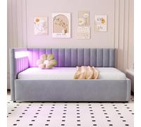 Divano letto imbottito 90 x 200 cm, con illuminazione a LED e spazio idraulico, design classico a strisce verticali, testiere laterali con posizioni intercambiabili, rete a doghe, tessuto in velluto