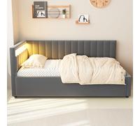 Divano letto imbottito 90 x 200 cm, con illuminazione a LED e spazio idraulico, design classico a strisce verticali, testiere laterali con posizioni intercambiabili, rete a doghe, tessuto in velluto