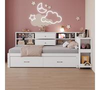 Divano letto in legno 90 x 200 cm, vano portaoggetti e ripiani nascosti, 2 cassetti grandi, presa multifunzione, scrivania estraibile, letto singolo, letto per ragazzi, letto in legno, bianco