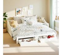 Divano letto in legno massiccio 90/180 x 200 cm, letto divano a 2 posti convertibile con 2 cassetti portaoggetti e rete a doghe per divano letto allungabile con schienale e braccioli, senza materasso