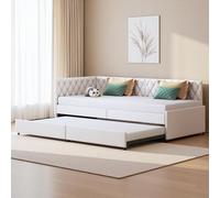 Divano letto in legno massiccio 90/180 x 200 cm, letto divano a 2 posti convertibile con 2 cassetti portaoggetti e rete a doghe per divano letto allungabile con schienale e braccioli, senza materasso