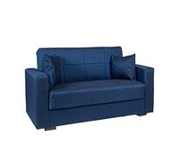 Divano letto in tessuto blu con cassettone contenitore e cuscini (2 posti)