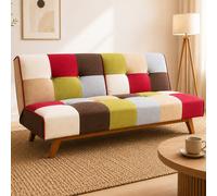 Divano Letto in Tessuto Patchwork Imbottito Gambe in Legno Schienale Reclinabile