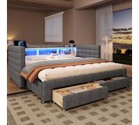 Divano Letto LED con Porte USB + Tipo-C, Divano letto 90x190 cm con Letto estraibile, Due Cassetti e Pannelli Laterali Portaoggetti, Letto Imbottito Velluto con Rete a Doghe, Senza Materasso, Grigio