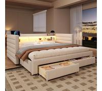 Divano Letto LED con Porte USB + Tipo-C, Divano letto 90x190 cm con Letto estraibile, Due Cassetti e Pannelli Laterali Portaoggetti, Letto Imbottito Velluto con Rete a Doghe, Senza Materasso, Beige