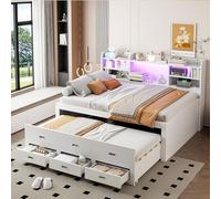 Divano letto, letto giornaliero, con telecomando a LED, 3 cassetti, ripiano comodino, letto estraibile multifunzione con USB+Type-c, senza materasso, bianco (140 x 200 cm)