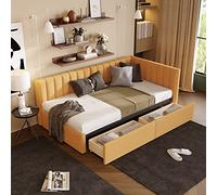 Divano letto matrimoniale e divano letto imbottito in tessuto di lino con 2 cassetti, design salvaspazio, letto in legno per camera da letto, senza bisogno di molle contenitive, 200,4 x 108 x 71,9 cm