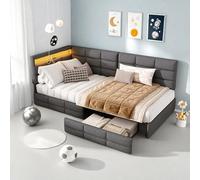 Divano letto per bambini 90 × 200 con rete, letto cassettiera con cassetto, letto funzionale per bambini per adolescenti con illuminazione a LED e porta USB, letto per panca a 1 posto per bambini
