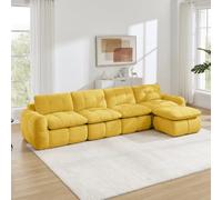 Divano modulare a forma di L a 4 posti in ciniglia giallo con ottomana | Il design trapuntato a quadri conferisce al divano un elegante stile decorativo