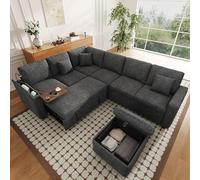 Divano modulare a forma di L con funzione letto, vano portaoggetti con braccioli (scomparto apribile), sgabello con vano portaoggetti sotto il coperchio, portabicchieri e 3 cuscini per lo schienale