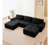 Divano modulare a forma di L divano ad angolo con pouf pouf soggiorno divano con comfort e supporto per seduta profonda, senza montaggio 32D ad alta elasticità schiuma Boneless Divano (nero, 3 posti+2