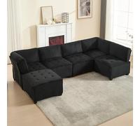 Divano Modulare Lungo a 6 Posti 308 cm in Velluto a Corda, Combinazione Flessibile Come Divano a U/a L/Letto, Poltrona Lounge con Tasche Portaoggetti, Struttura Robusta in Legno e Metallo,Nero