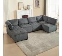 Divano Modulare Lungo a 6 Posti 308 cm in Velluto a Corda, Combinazione Flessibile Come Divano a U/a L/Letto, Poltrona Lounge con Tasche Portaoggetti, Struttura Robusta in Legno e Metallo, Grigio