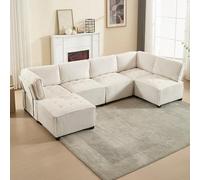 Divano Modulare Lungo a 6 Posti 308 cm in Velluto a Corda, Combinazione Flessibile Come Divano a U/a L/Letto, Poltrona Lounge con Tasche Portaoggetti, Struttura Robusta in Legno e Metallo,Beige