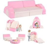 Divano per bambini, Divano gioco modulare in schiuma per bambini, composto da 10 pezzi, conforme alle Con effetto luminoso (Set di divani per bambini da 10 pezzi - Rosa e Beige)