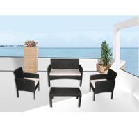 DIVANO RATTAN NERO SALOTTO ARREDO GIARDINO PISCINA- COMPLETO CUSCINI + TAVOLO IT