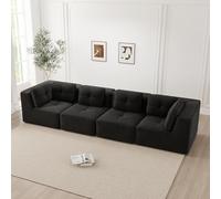 Divano soggiorno senza braccioli, divano ad angolo modulare con elementi angolari, divano a quattro posti con seduta profonda e morbidi cuscini e rivestimento in velluto a coste, colore nero, design