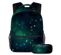 Diventa il trendsetter con questo zaino e astuccio, set perfetto per ragazzi, ragazze e adolescenti, cielo stellato verde, Multicolore, B：29.4x20x40cm P：19x7.5x3.8cm, Zaini Daypack