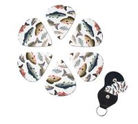 Diversi plettri per chitarra a forma di pesce, confezione da 6 pezzi, 3 diversi spessori, in celluloide, con supporto per plettro, per chitarra acustica, chitarra elettrica, basso, ukulele