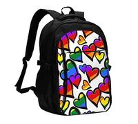 Diversi tipi di zaino per computer portatile stampato lucertola per uomini,Zaino da viaggio con porta di ricarica USB,Stampa grande zaino casual, Arcobaleno Colorato Gay Pride Cuori, One Size