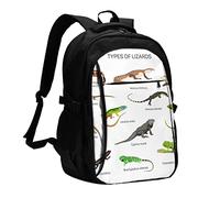 Diversi tipi di zaino per computer portatile stampato lucertola per uomini,Zaino da viaggio con porta di ricarica USB,Stampa grande zaino casual, Diversi tipi di lucertola, One Size