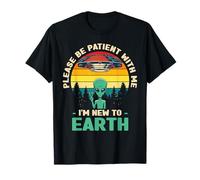 Divertente Alien Please Be Patient With Me I'm New To Earth Retro Maglietta