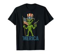 Divertente alieno con bandiera americana e Ray Gun 4 luglio Maglietta